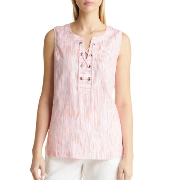 TOMMY BAHAMA Overseas Hideaway Linen Tank Top Lace Up Stripe Pink White Size L - Picture 4 of 10